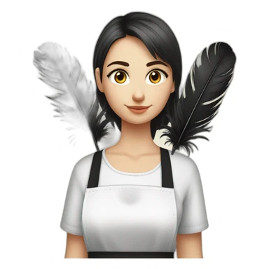 Slavic girl in a white T-shirt and a black apron holds ostrich feathers for dusting sticker