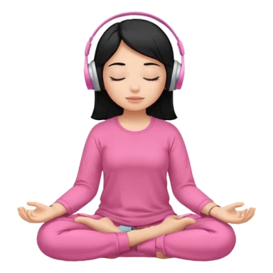 Chica de pelo negros con los ojos cerrados escuchando musica en audifonos y con camisa rosa mientras medita sticker