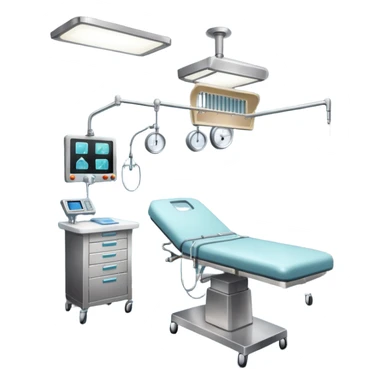 A surgical room setup with overhead lights and sterile instrument table.
 sticker