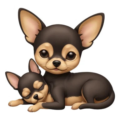 A high-resolution photo-realistic digital illustration of a cute  black with a bit of tan chihuahua with eyes closed shut sleeping lazily on the ground sticker