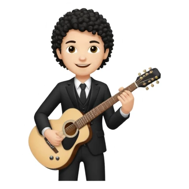A white boy with black fade curly hair Smiling and holdijg a guitar in a black suit  sticker