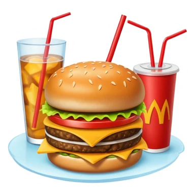 i want a Cheeseburger and Fries with a angle to 15–20° gentle bird’s-eye angle with a cold drink with ice cube with straw with some fries thicker like McDonald's french fries sticker