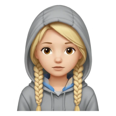 blonde braided girl with her head covered in a sweatshirt and hood sticker