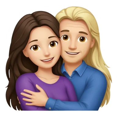 A happy boyfriend and girlfriend hug. She is brunette sexy with long hair. He is blonde sticker