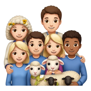 5 persons (3 girls and 2 boys) and a sheep sticker