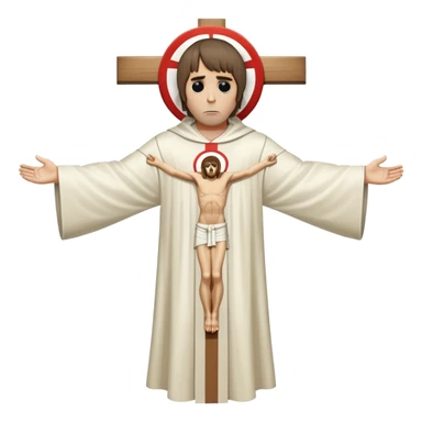 Crucified Liam Gallagher in the style of Jesus full body on cross with mod target on his robes sticker