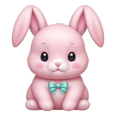 Cinematic adorable pastel pink bunny, chubby cheeks, tiny paws, sparkling round eyes, soft fur with a gentle glow, slightly tilted head, wearing a tiny bow, irresistibly cute and heartwarming. sticker