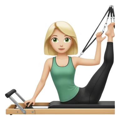 Blonde girl with green eyes and shoulder length blonde hair on a pilates reformer  sticker