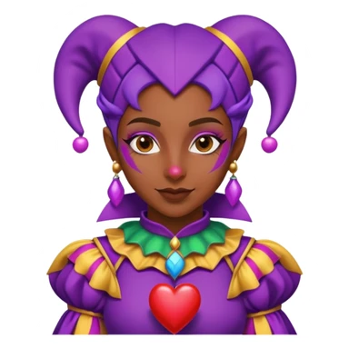 Female Jester with brown skin looking to the right at a purple heart sticker
