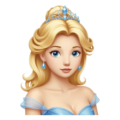 Cinematic Realistic Cinderella Portrait, depicted with lifelike skin texture, subtle rosy undertones, and soft natural lighting that enhances the gentle contours of her face. Her intricately detailed golden blonde hair is elegantly styled in an updo, with delicate wisps framing her face for added realism. Her deep, expressive blue eyes radiate warmth and sincerity, reflecting a quiet resilience and grace. She is dressed in her iconic ball gown, the fabric shimmering with intricate embroidery and fine translucent layers that catch the light beautifully. The soft sheen of satin gloves and the delicate sparkle of a glass-like slipper peeking from beneath her dress add a touch of magical realism. The portrait features an enchanting glow with a natural, luminous finish, seamlessly blending realism and fairytale charm to evoke a sense of depth, elegance, and timeless beauty. sticker