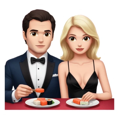 realistic photo of Henry Cavill with a beautiful  victoria secret model on a candle lit sushi date sticker