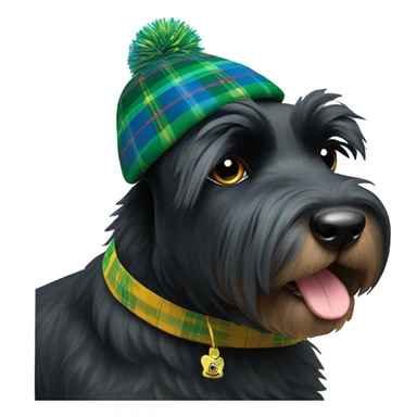 Black Scottie dog wearing a green and blue tartan tan with a yellow Pom Pom on top sticker