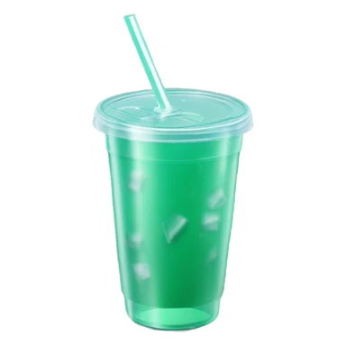 Realistic plastic cup and lid with Transluscent dark mint green and large ice cubes inside and one straw through the top of the lid. sticker