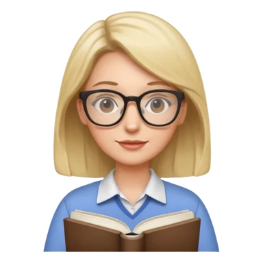 female English teacher with glasses and wearing a shirt, holding an English book sticker