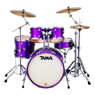  "Create a vibrant and detailed emoji representing Lars Ulrich's Tama Starclassic drum kit. The design should feature a sleek, glossy purple drum kit with glittering accents, including two large bass drums positioned side by side. The snare drum, toms, and cymbals should be clearly visible, with a high-shine finish that reflects the light. Add subtle musical notes around the kit to evoke rhythm and energy. Use a color palette of deep purple, black, silver, and sparkling accents to emphasize the unique look of this iconic setup. The background should be transparent. sticker