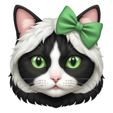 A black and white cat with green eyes she has a bow on her head she’s kinda fluffy  sticker