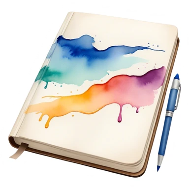 Cinematic Realistic image of an open sketchbook accompanied by a set of translucent watercolors, with delicate pigment stains and soft, flowing brushstrokes, captured under gentle, diffused lighting that highlights creative fluidity sticker