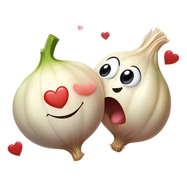 emoji of a cute garlic clove and a smiling onion looking at each other with love. They have big, adorable eyes and rosy cheeks. Small red hearts float around them, and they appear to be blushing, creating a romantic and funny atmosphere. sticker