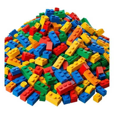 A photorealistic icon featuring a pile of colorful LEGO bricks scattered together in a messy heap. The design includes bright, detailed textures of the individual bricks, capturing the playful and creative essence of LEGO building. Transparent background, symbolizing LEGO construction. sticker