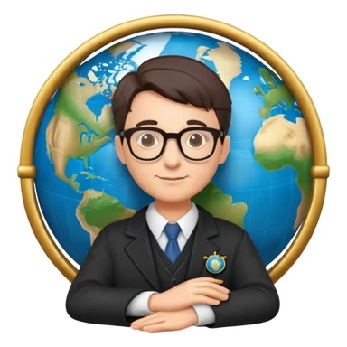 professor with glasses and academic attire rotating a world globe sticker