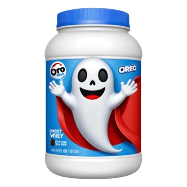 “Front-facing Ghost whey protein powder bottle, tall white plastic tub with wide shoulders and bold red lid. Blue and black Oreo-inspired label with the white GHOST logo and small ghost mascot. Clean studio lighting, soft shadow, realistic emoji-style product, centered on white background.” sticker