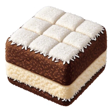 Cinematic Realistic Lamingtons Dessert Emoji, depicted as soft sponge squares coated in chocolate and coconut rendered with mouth‚Äêwatering detail and vibrant lighting. sticker