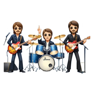 Rock music icon: The Beatles performing live on stage. John Lennon with guitar, Paul McCartney with bass, George Harrison with guitar, Ringo Starr on drums. Bright lights, energetic performance. Transparent background. sticker