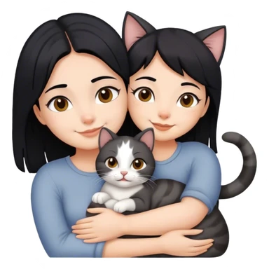 happy girl with black hair hugging three cats  (carey cat, gray cat, brown calico cat) sticker