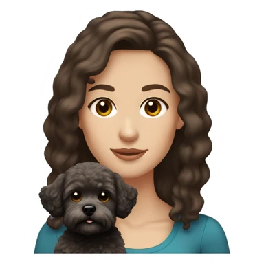 Caucasian woman, medium straight brown hair and brown eyes. Holding black maltipoo sticker