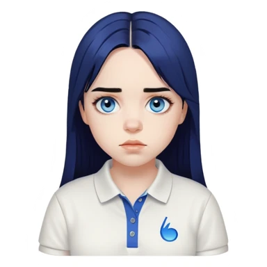 billie eilish long black hair blue eyes dark eyeliner makeup, wearing white polo shirt sticker
