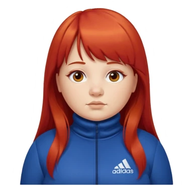 Crie um emoji de uma menina gordinha com o cabelo vermelho longo com uma franja reta casaco de gola alta da adidas sticker