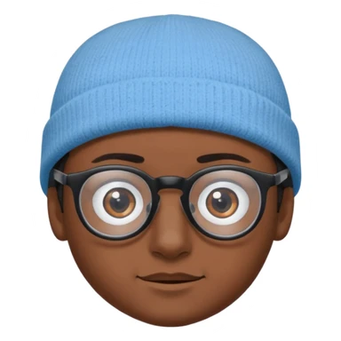 A boy or man emoji with medium-dark skin, wearing a light blue beanie and black-framed glasses, with brown eyes, dark eyebrows, a small nose, and a subtle smile on a clean-shaven face. sticker