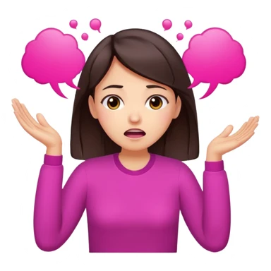 Social media manager. She has dark brown hair, brown eyes,stressed expression, exhaling deeply, hands slightly raised showing frustration. Use vibrant colors with a focus on pink and fuchsia tone sticker