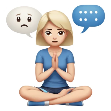 angry woman sitting cross-legged on floor with arms firmly crossed, face turned away, furrowed eyebrows and frowning expression, speech bubble ignored or crossed out nearby, back partially turned to conversation sticker