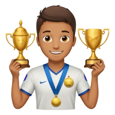 Happy light soccer player with a first-place medal and a trophy
 sticker