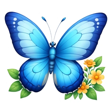 A vibrant blue butterfly with a cute smiling face, fluttering in spring with flowers around sticker