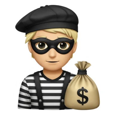 a short ios emoji-style portrait of a classic burglar, a black eye mask and a black-and-white striped shirt. emoji-like hair, black hat, a bag of money 💰 with a dollar sign in a right corner, evil expression  sticker