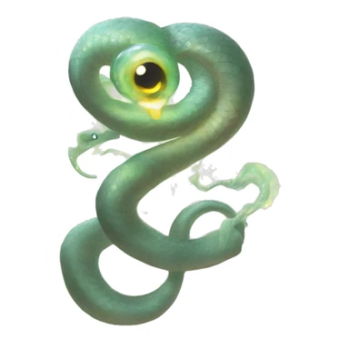 A small, pale, ethereal serpent with a delicate, almost translucent body, coiled around the socket of Messmer's eye, with a subtle, shimmering glow, and very dark sticker