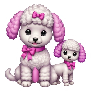 Two white toy poodle–style dogs, fluffy curly fur, round faces, black button eyes. Bright purple ears, hot-pink paws. One taller dog standing upright on hind legs wearing a large pastel pink bow on chest, one smaller round dog sitting. Cute plush emoji style. sticker