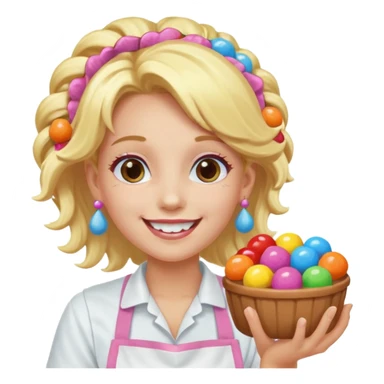 candy shop vendor, looking like candy with candy earrings and candy hair with big smile and blond hair sticker