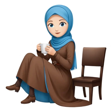 Turkish beautiful finish Konya girl blue eyes with brown hijab long tail dress and sits on the chair on the ground and holds cup coffe with her hand  sticker