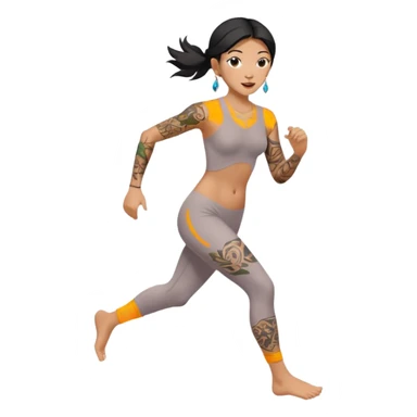 sexy nude asian girl with slightly tan skin, tattoes and earrings running, nude feet sticker