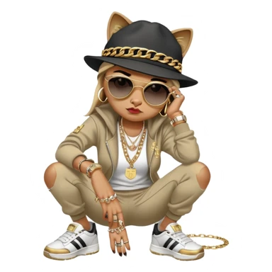 female cat wearing Run DMC hip-hop outfit with tracksuit, fedora, Adidas sneakers, dark sunglasses, many gold chains, rings, bracelets, flashy earrings, fallen down with distressed expression sticker