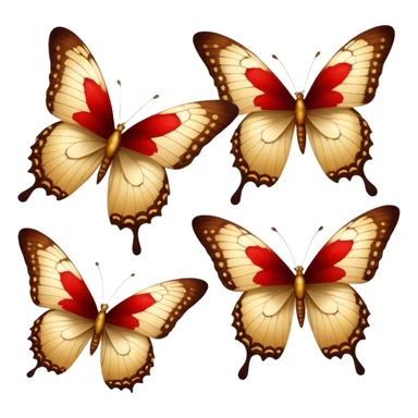 Elegant vintage golden butterflies with red and brown hues on their wings, delicate textures, antique aesthetic, softly faded colors, classic illustration style sticker