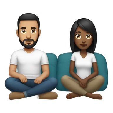 Black woman with black straight hair sitting on soft surface with pillows   with white male with brown hair and beard  sticker
