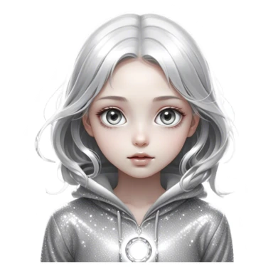 Cinematic girl with large sparkling eyes, Ultra realistic 32k HD, Breathtaking piece of art, rim lighting, hauntingly beautiful art, mostly greyscale, Balanced features, highly detailed digital artwork, glowing with silver light, glowing, high shine, deviant adoptable, highly detailed clothing, remembrance, a painting of white silver, fanciful, enchanting, ghostly, embodying the essence of both reality and fantasy, dreamy, dreamy glow, optical illusion, immaculate composition, complex pose, air composition. The image is so lifelike that it feels as though it could leap off the canvas at any moment sticker