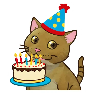 ginger tabby kitten with birthday hat and cake, surrounded by balloons and presents, joyful mood sticker