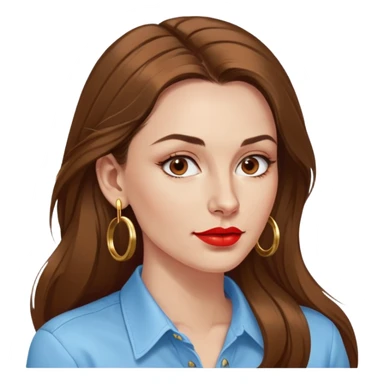 Beautiful croatian woman in her mid 30s with long brown hair red lips gold mid size hoop earrings noise cancelling earbuds in light blue mens shirt sticker