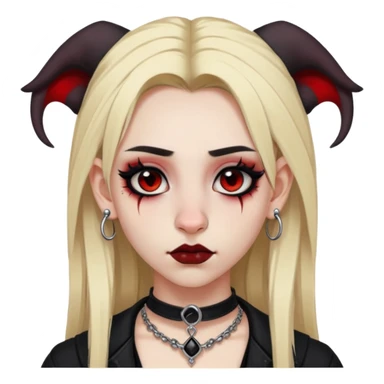 Blonde goth girl, brown eyes, fair skin, dark clothes, nose piercings on both sides, septum pericing, eyebrow peircing, gauged ears, lots of ear piercings, heavy black and red makeup  sticker
