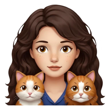 Uzun koyu kahverengi dalgalı saçlı, çenesinde beni olan ve yüzünde biraz çiller olan, iri koyu kahverengi bol kirpikli gözlü sevimli bir yüzü katlı kesim bir saçı olan kadın yap yanına da kilolu tamamen kahverengi bir kedi yap sticker
